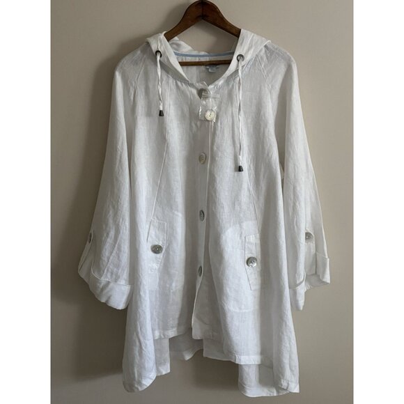 Sigrid Olsen 100% Linen Button Down Hooded White Jacket Women's Large Lagenlook - Picture 1 of 7